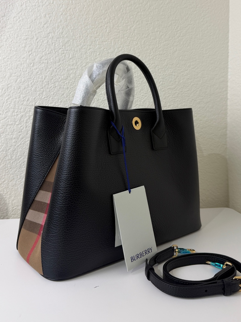 Burberry Black Leather Top-Handle Tote with Signature Check $2250 - Picture 4 of 9